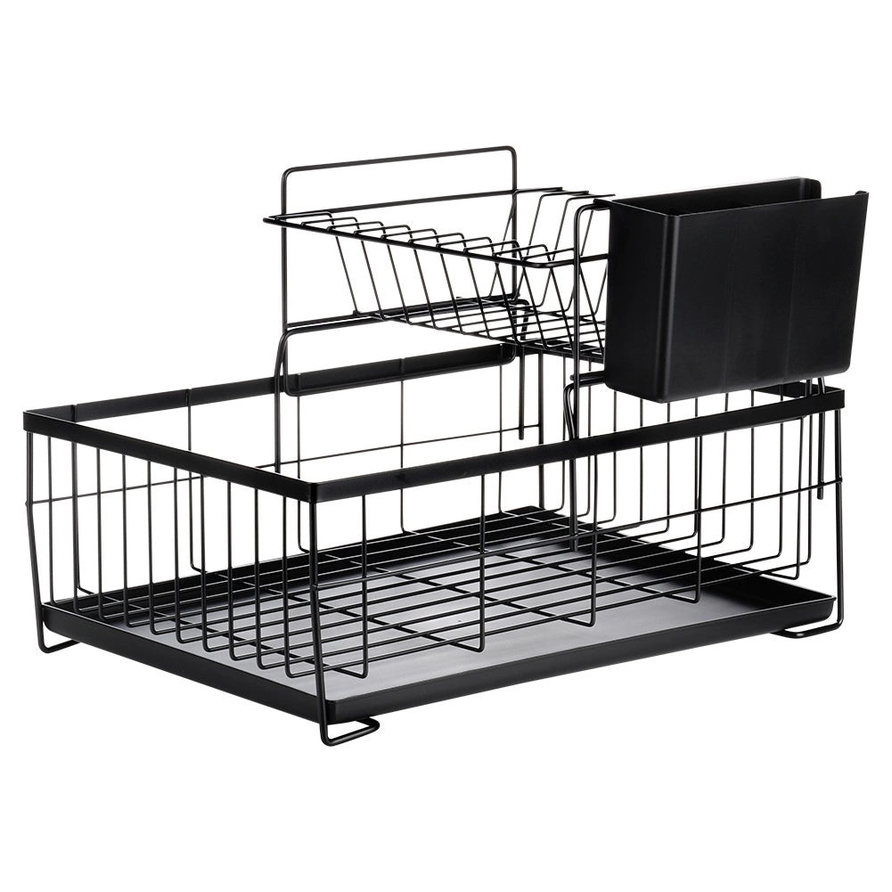 2-Tier Metal Dish Rack with Cutlery Drainer, Black