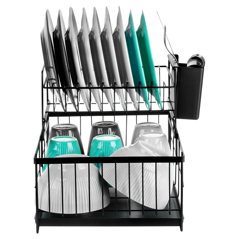 2-Tier Metal Dish Rack with Cutlery Drainer, Black