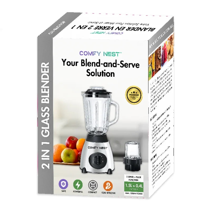2-in-1 Glass Blender & Grinder, 800W, 5-Speed, 1.5L