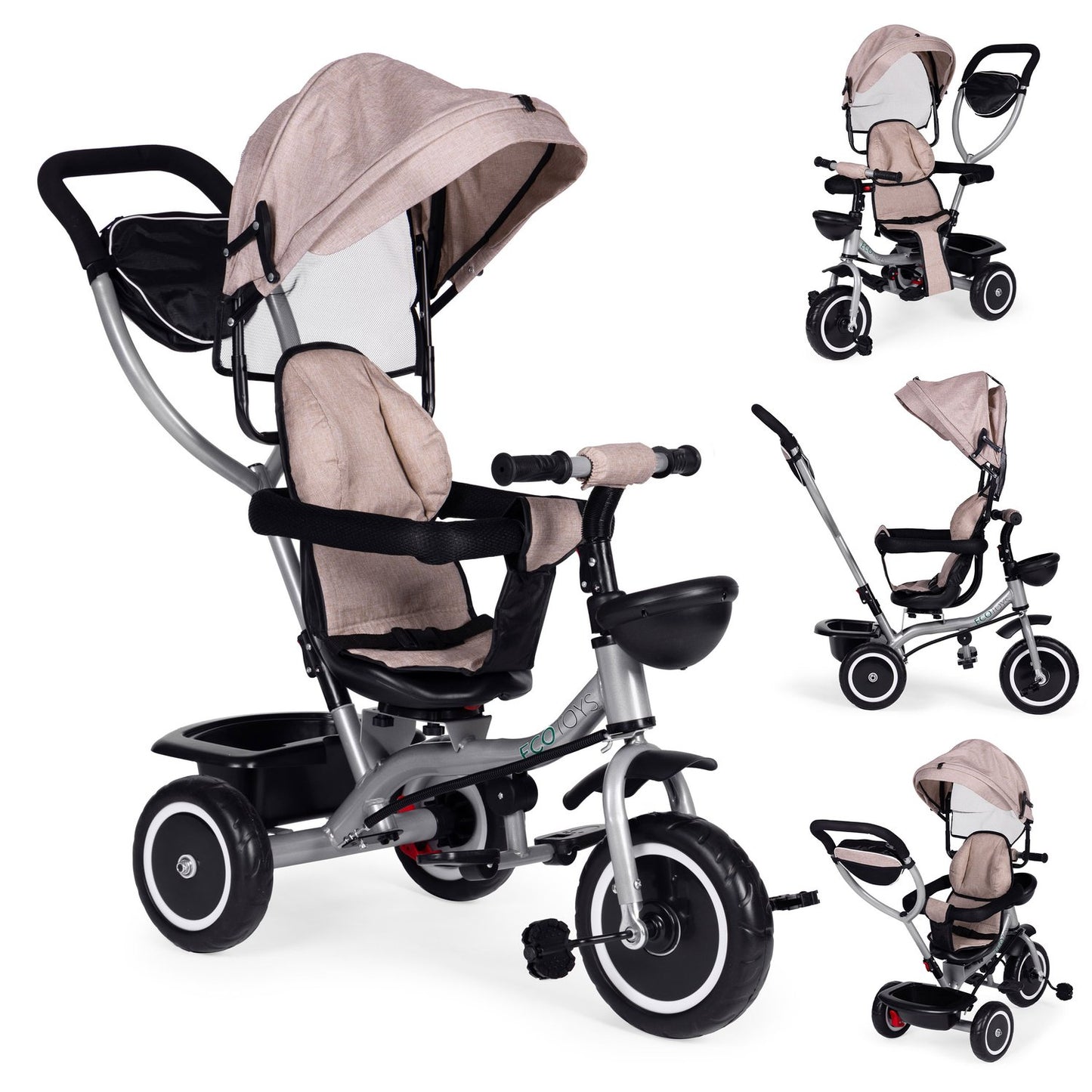 2-in-1 tricycle stroller, swivel seat, foldable canopy, beige, ECOTOYS