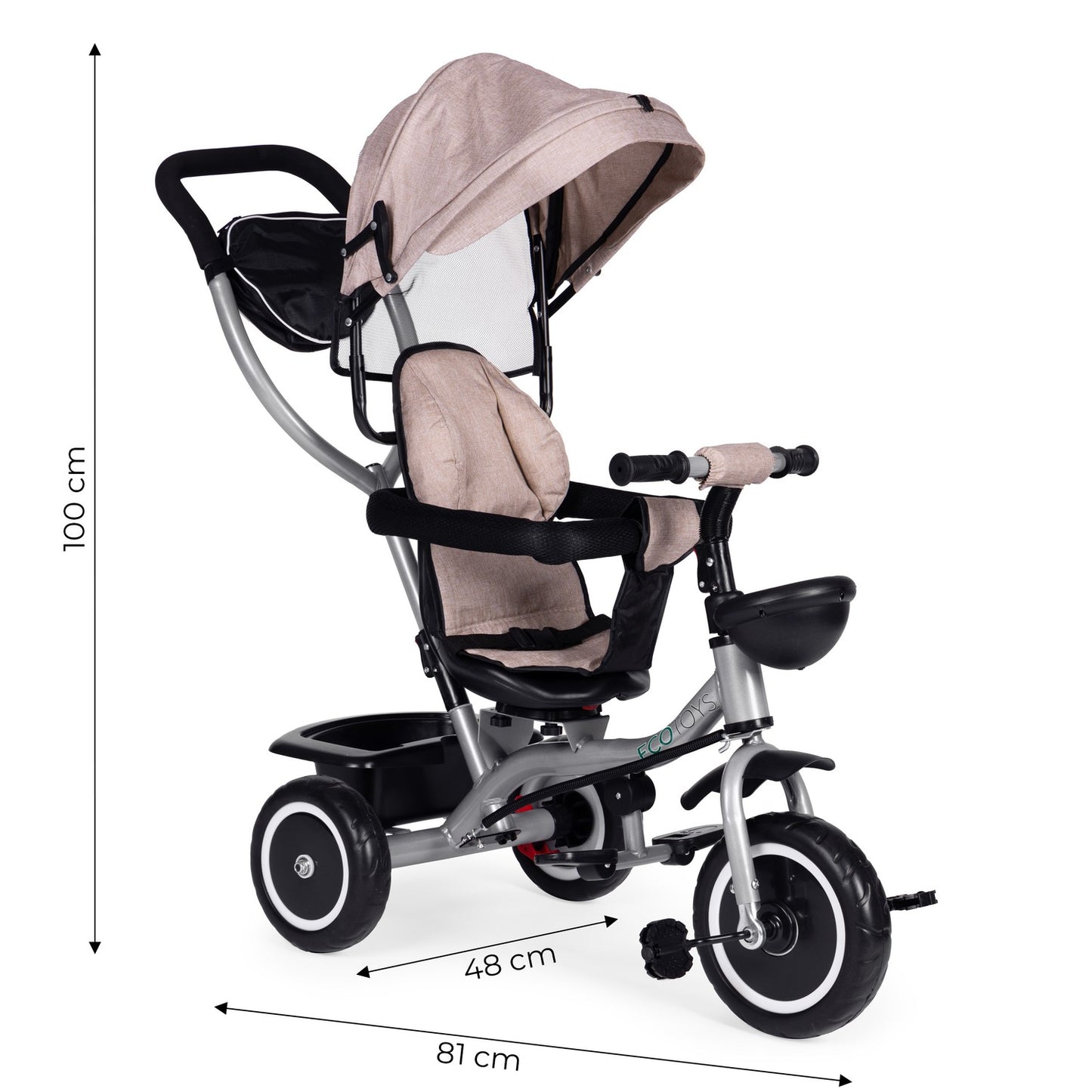 2-in-1 tricycle stroller, swivel seat, foldable canopy, beige, ECOTOYS