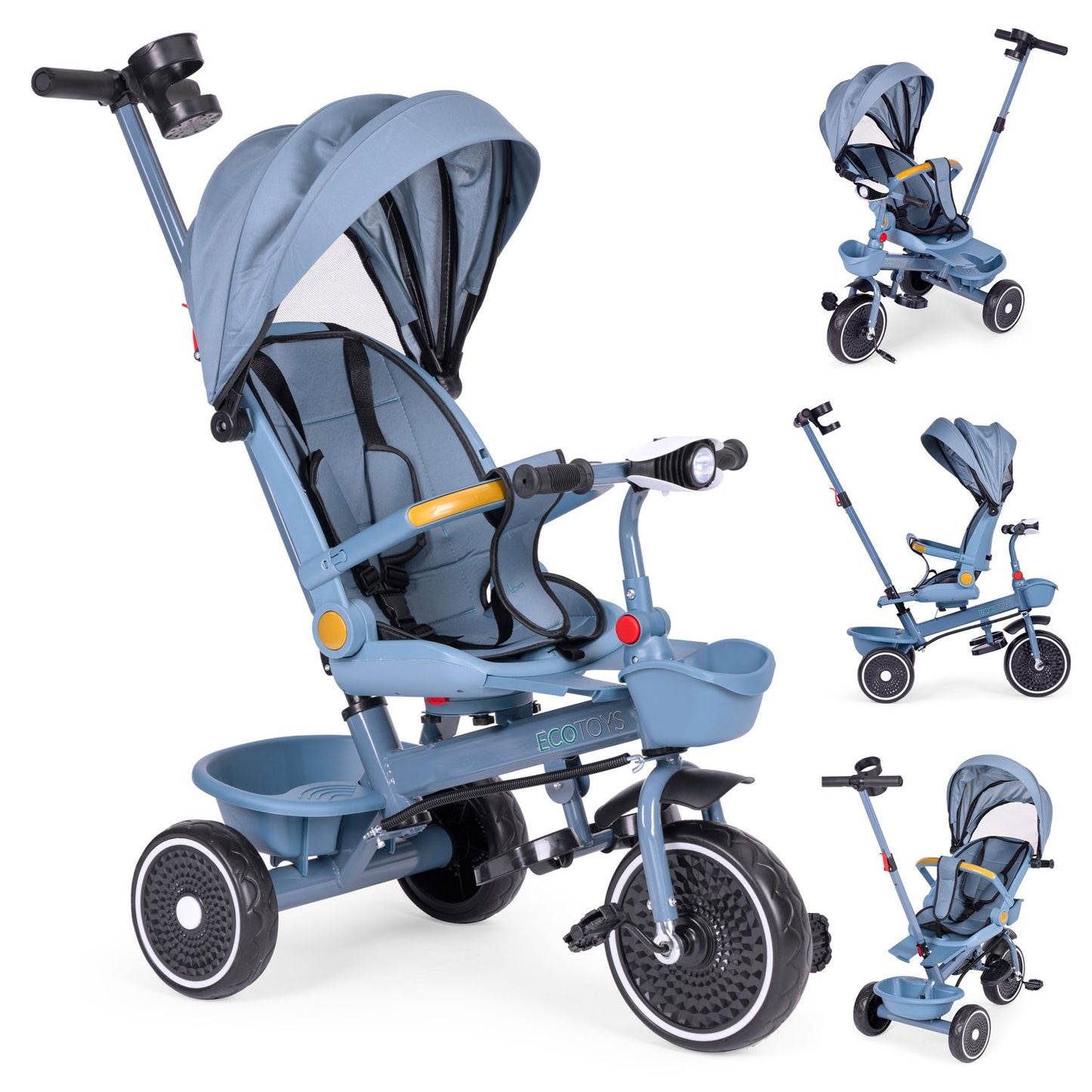 2-in-1 tricycle stroller, swivel seat, foldable canopy, blue, ECOTOYS
