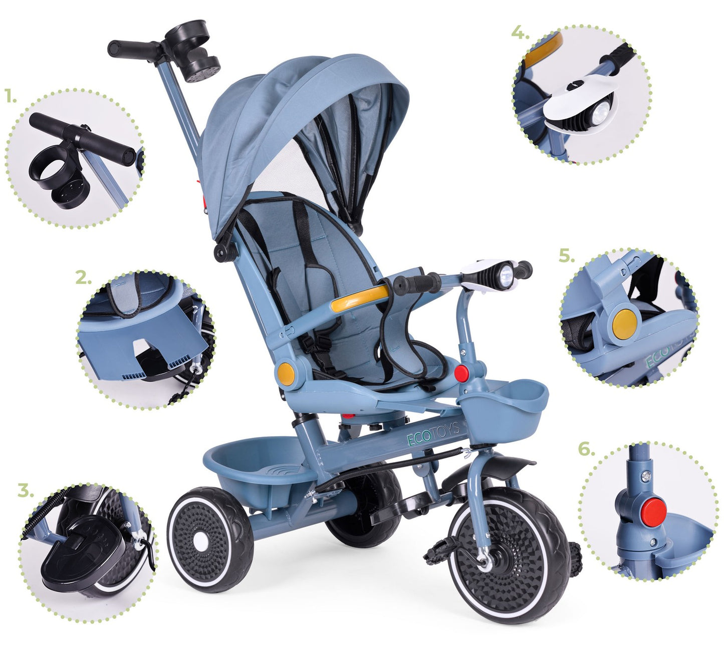 2-in-1 tricycle stroller, swivel seat, foldable canopy, blue, ECOTOYS