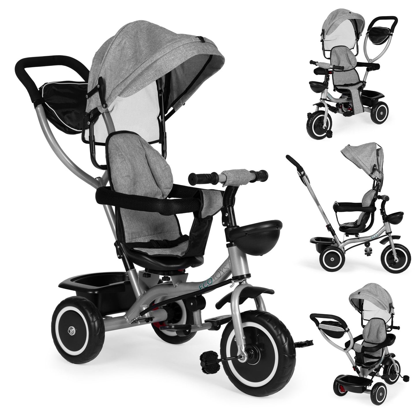 2-in-1 tricycle stroller, swivel seat, foldable canopy, gray, ECOTOYS