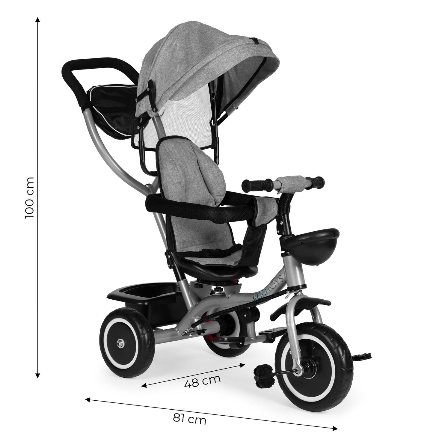 2-in-1 tricycle stroller, swivel seat, foldable canopy, gray, ECOTOYS