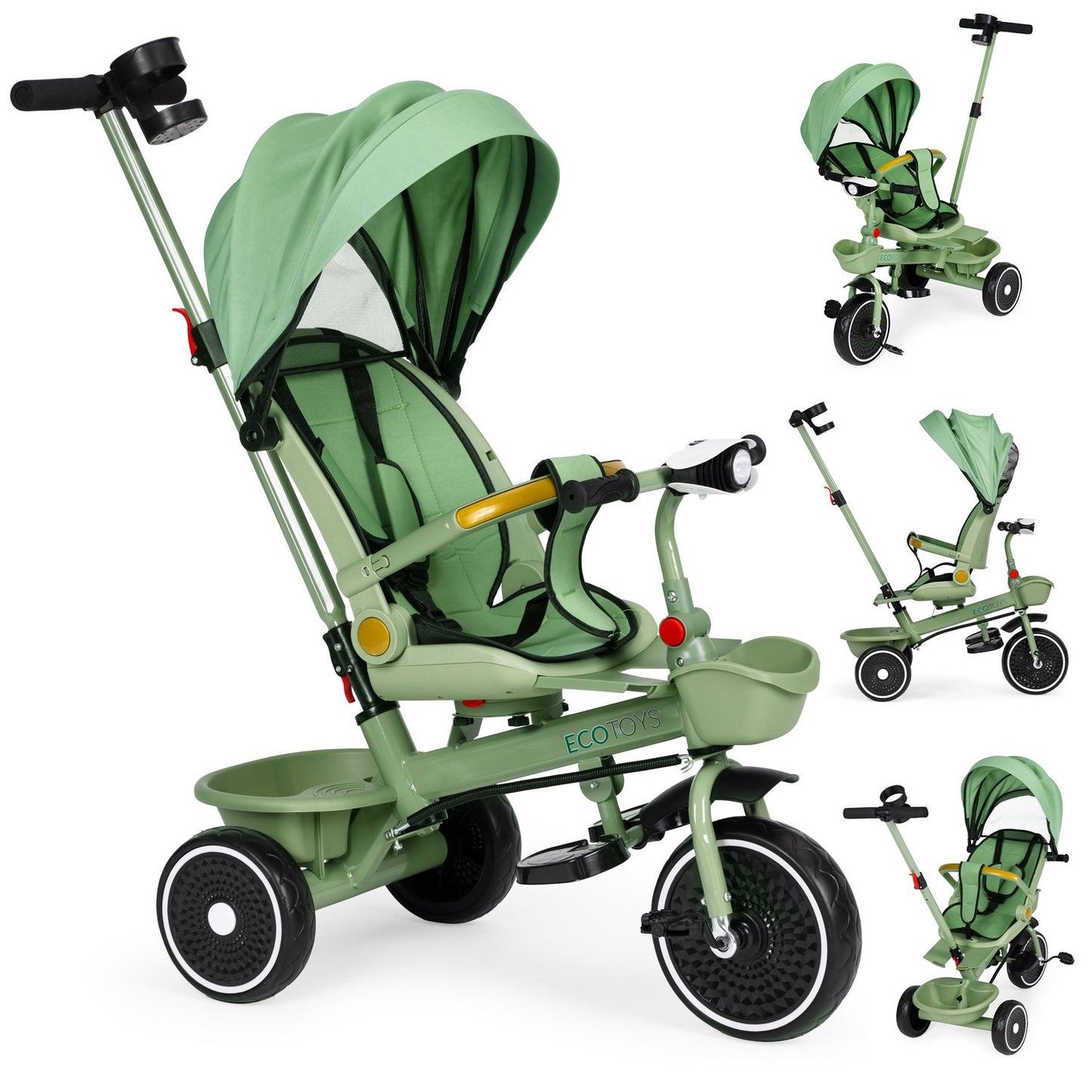 2-in-1 tricycle stroller, swivel seat, foldable canopy, green, ECOTOYS