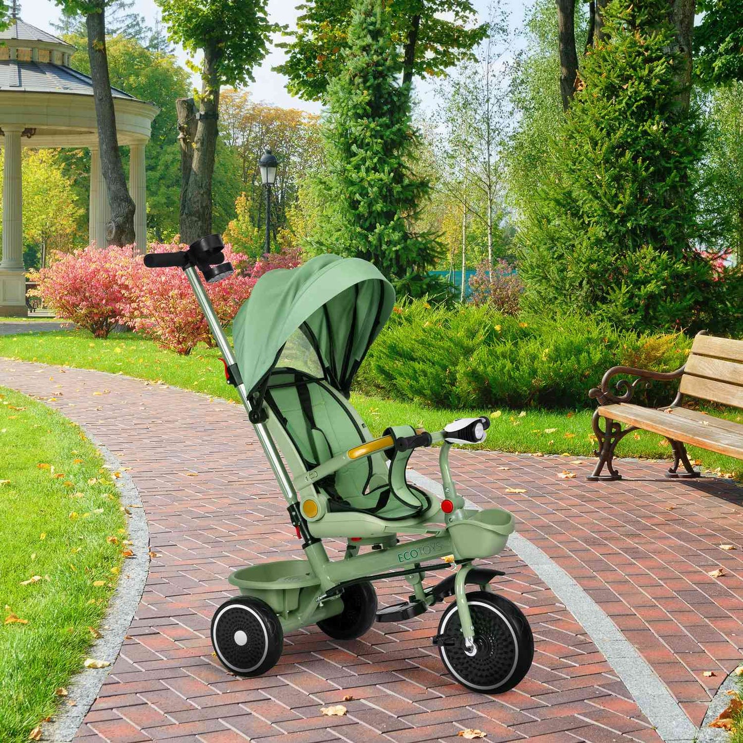 2-in-1 tricycle stroller, swivel seat, foldable canopy, green, ECOTOYS