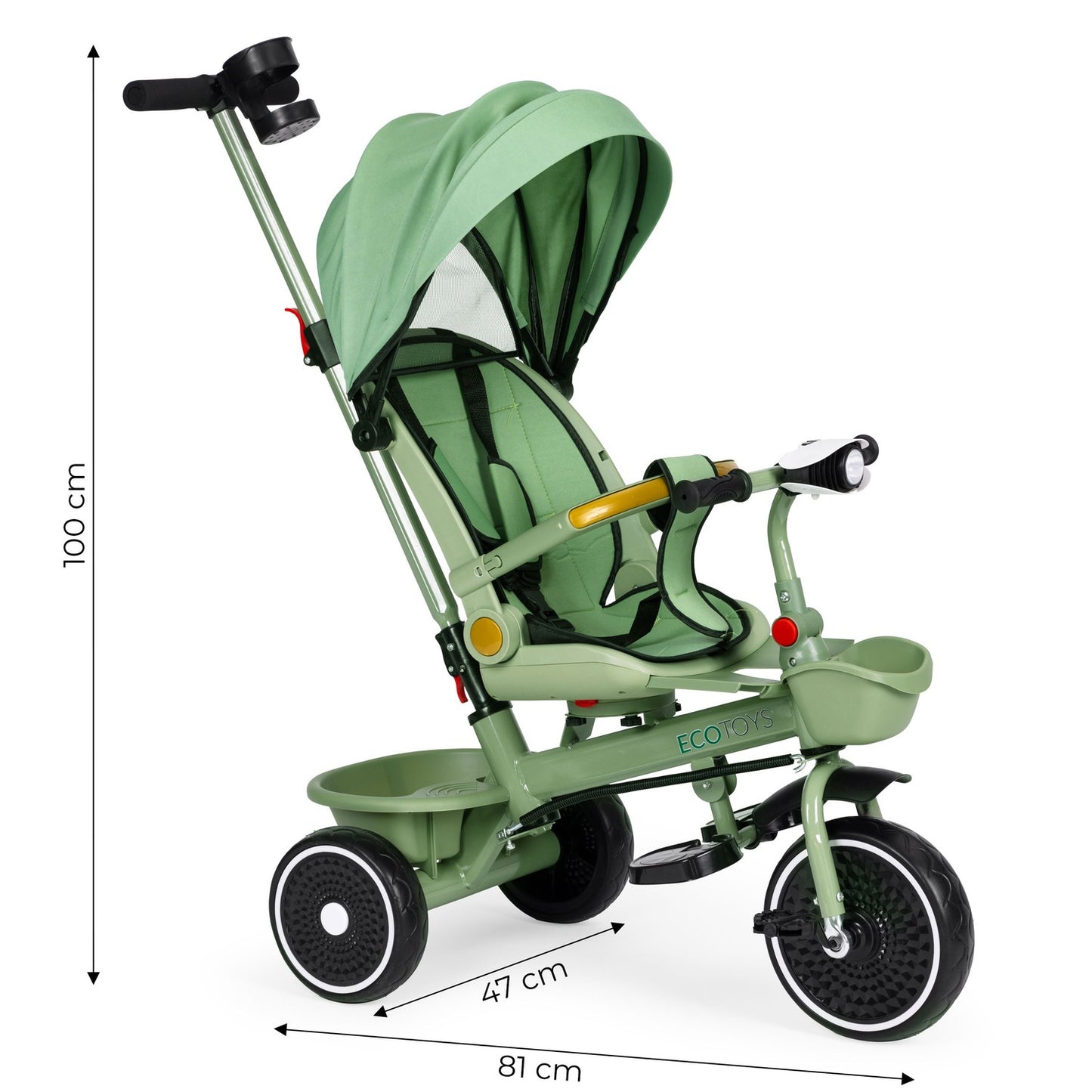 2-in-1 tricycle stroller, swivel seat, foldable canopy, green, ECOTOYS