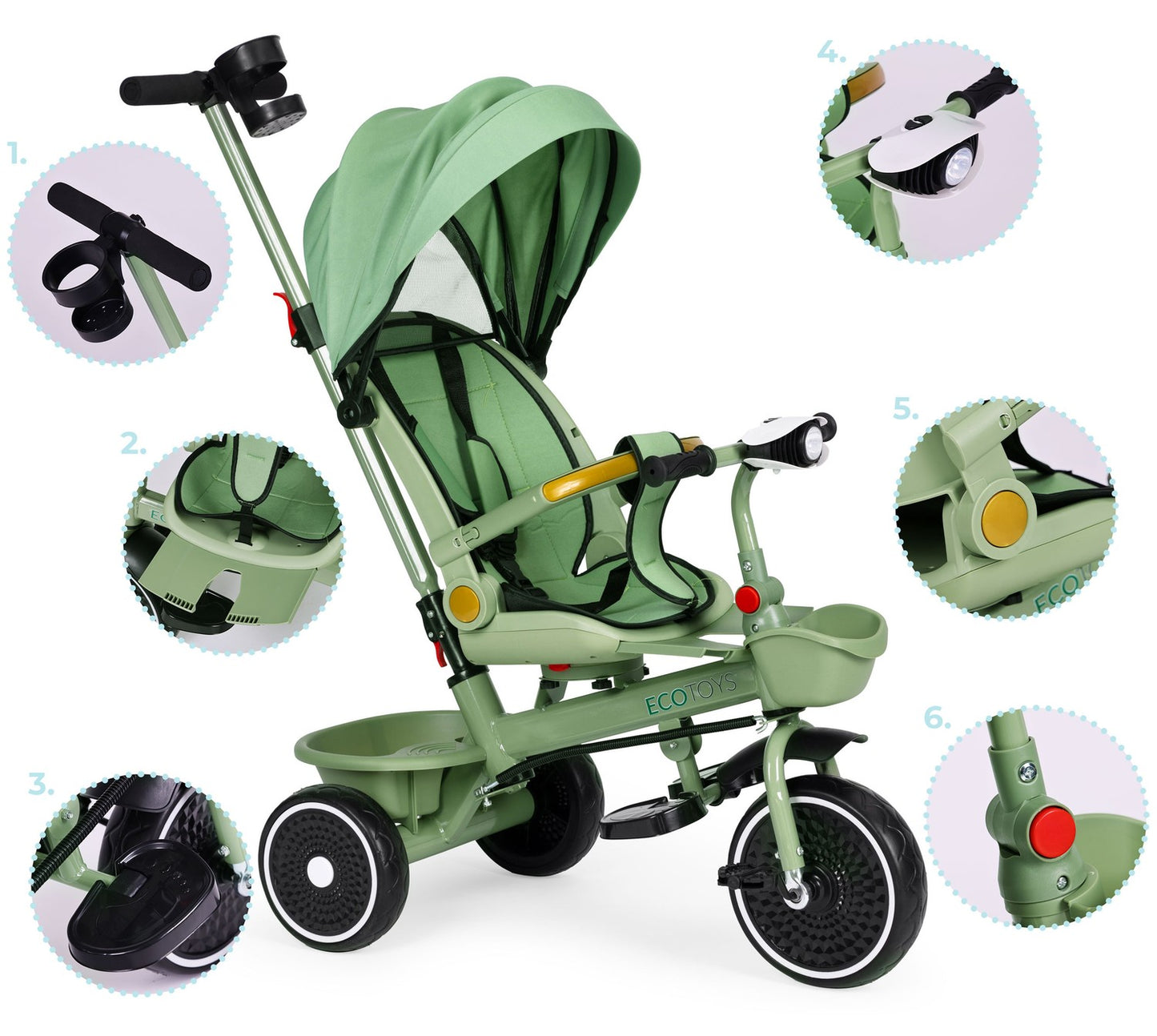 2-in-1 tricycle stroller, swivel seat, foldable canopy, green, ECOTOYS
