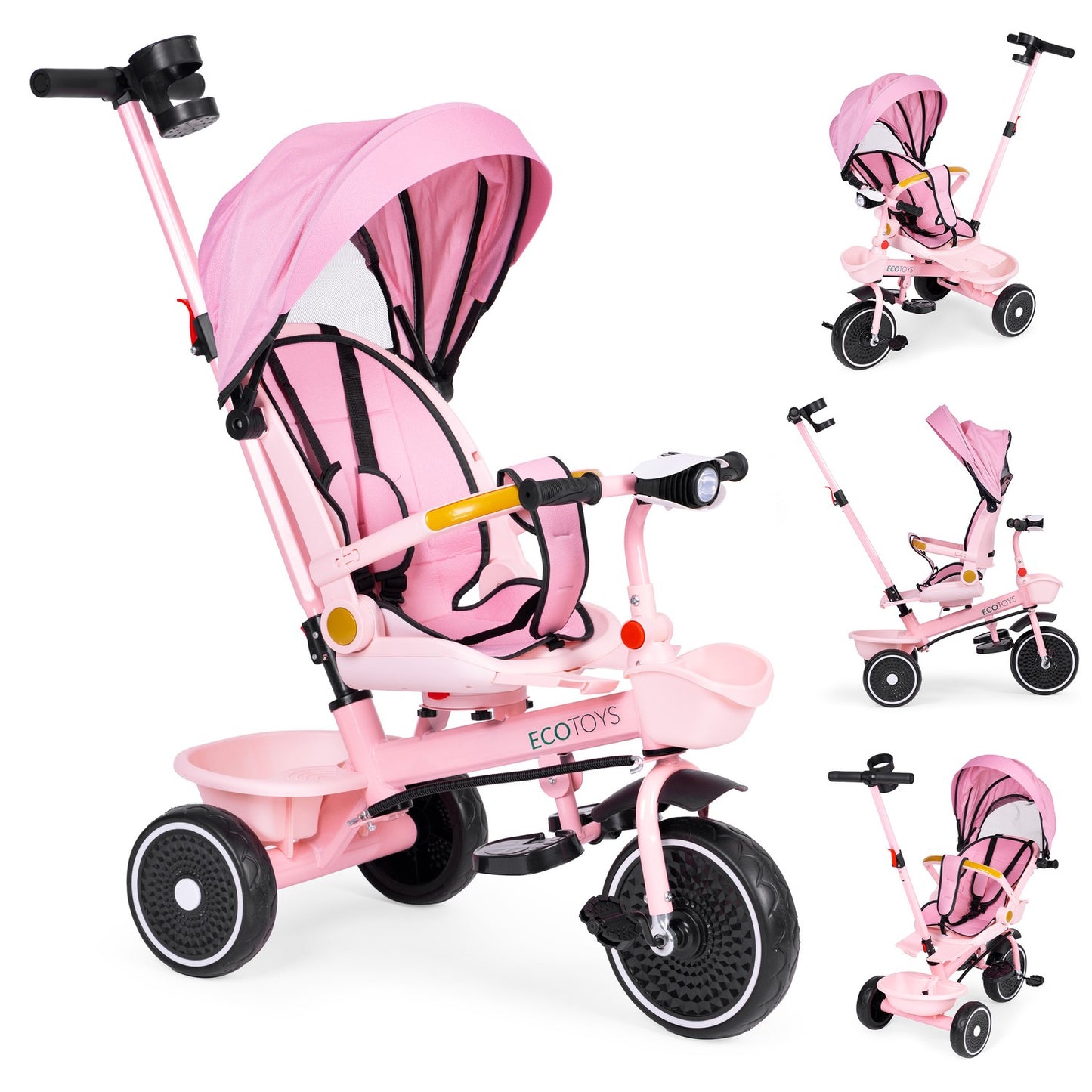 2-in-1 tricycle stroller, swivel seat, foldable canopy, pink, ECOTOYS