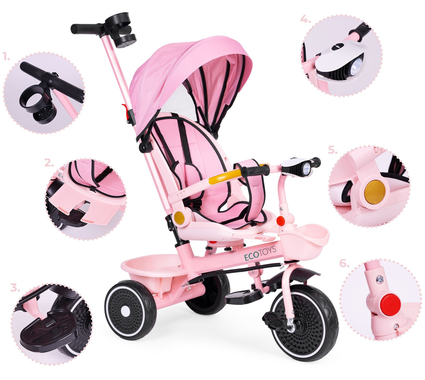 2-in-1 tricycle stroller, swivel seat, foldable canopy, pink, ECOTOYS