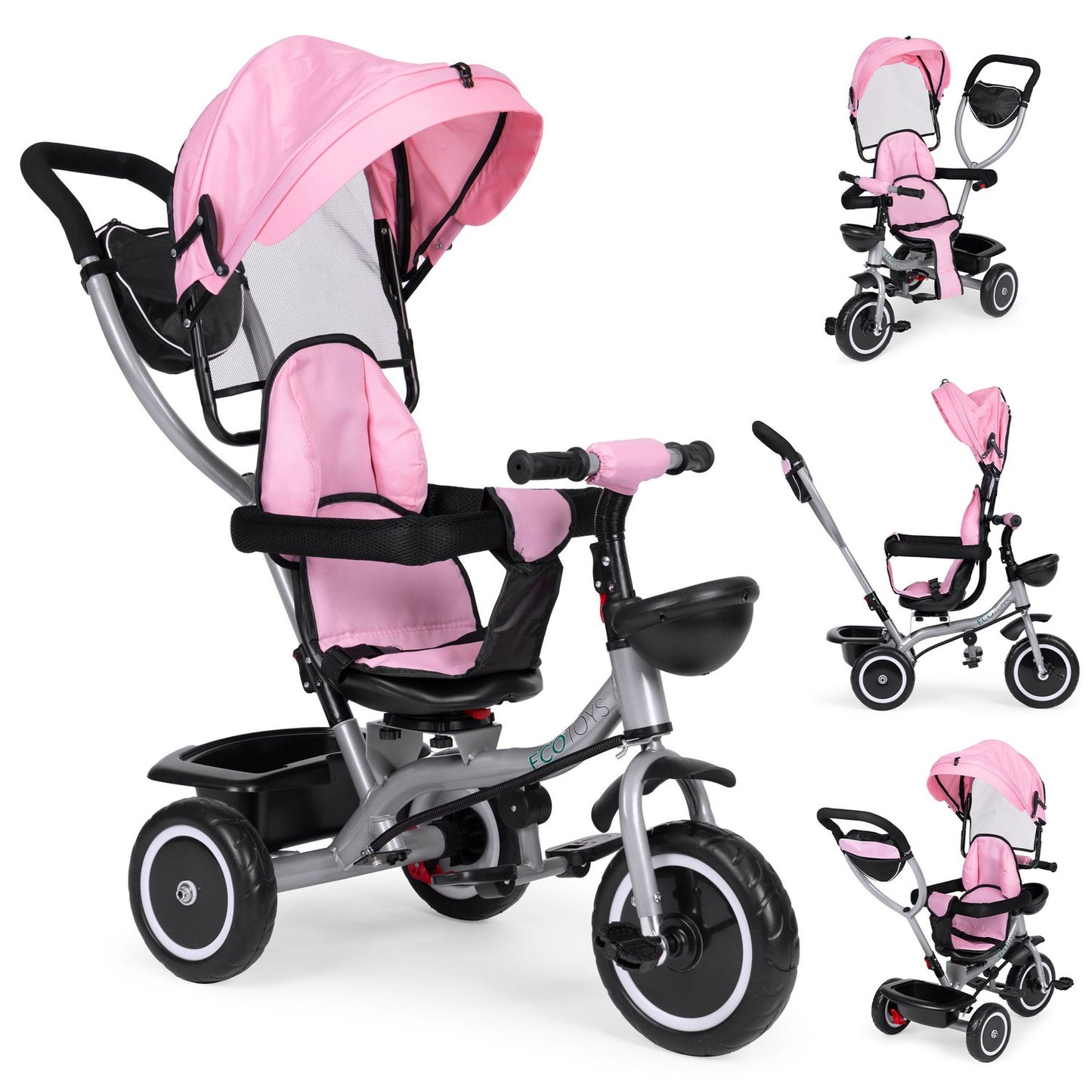 2-in-1 tricycle stroller, swivel seat, foldable canopy, pink, ECOTOYS
