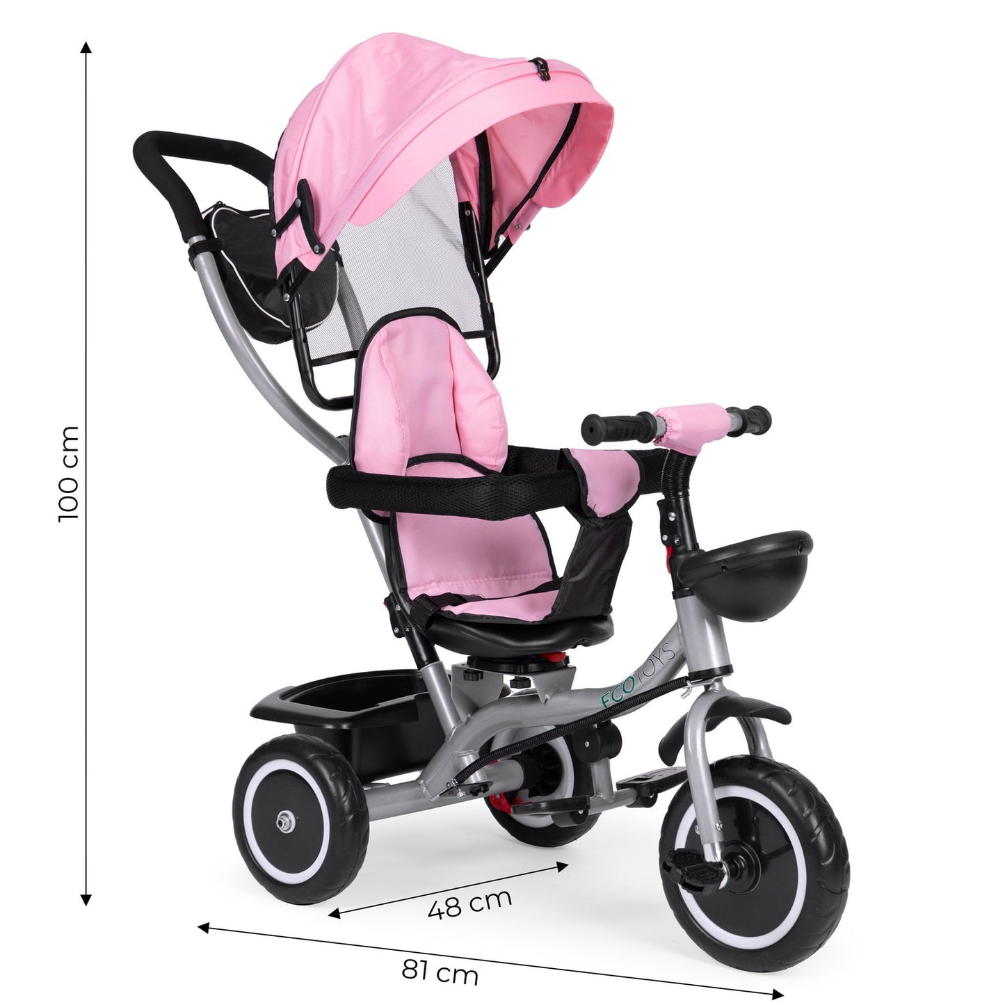 2-in-1 tricycle stroller, swivel seat, foldable canopy, pink, ECOTOYS