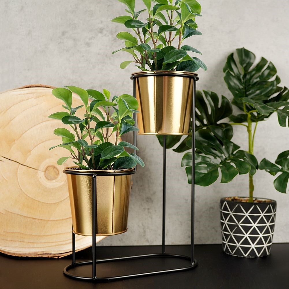 2-level plant stand in black metal with gold details
