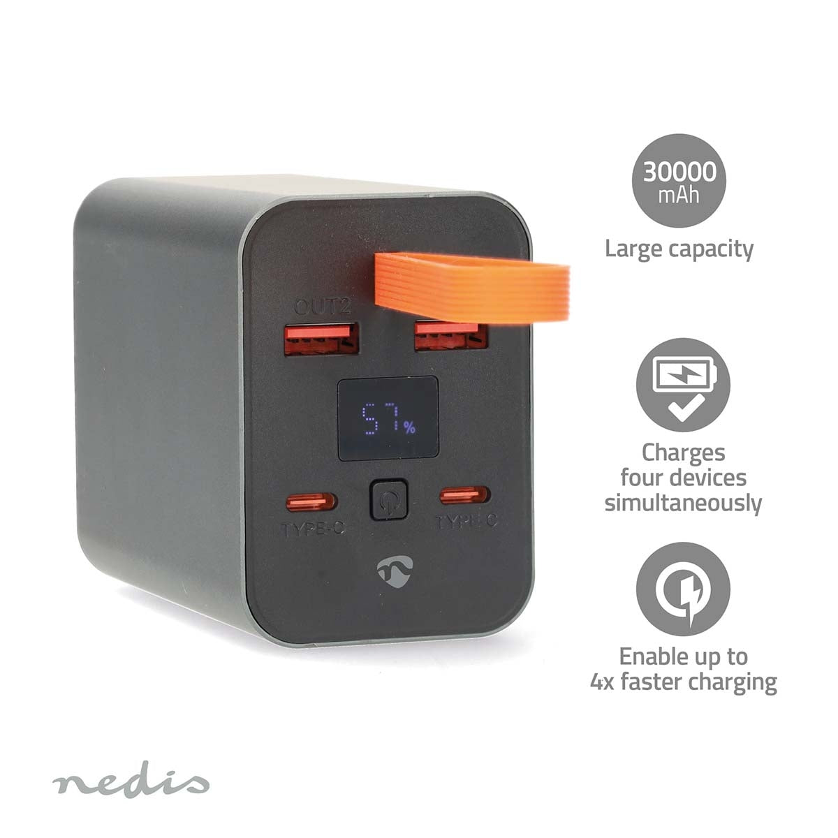 30,000 mAh Power Bank, 4 Ports, USB-C & USB-A, PD & QC