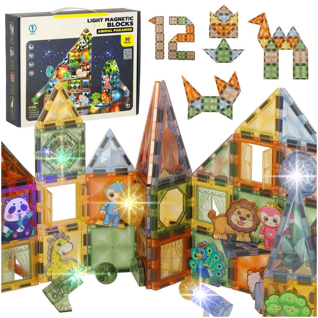 3D construction magnetic blocks glowing animal park 90 el.