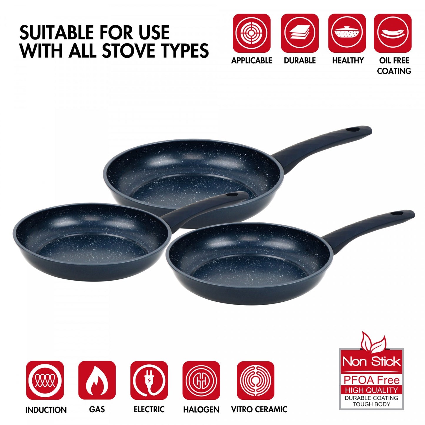 3-Piece Marble Coated Non-Stick Frying Pan Set, Blue