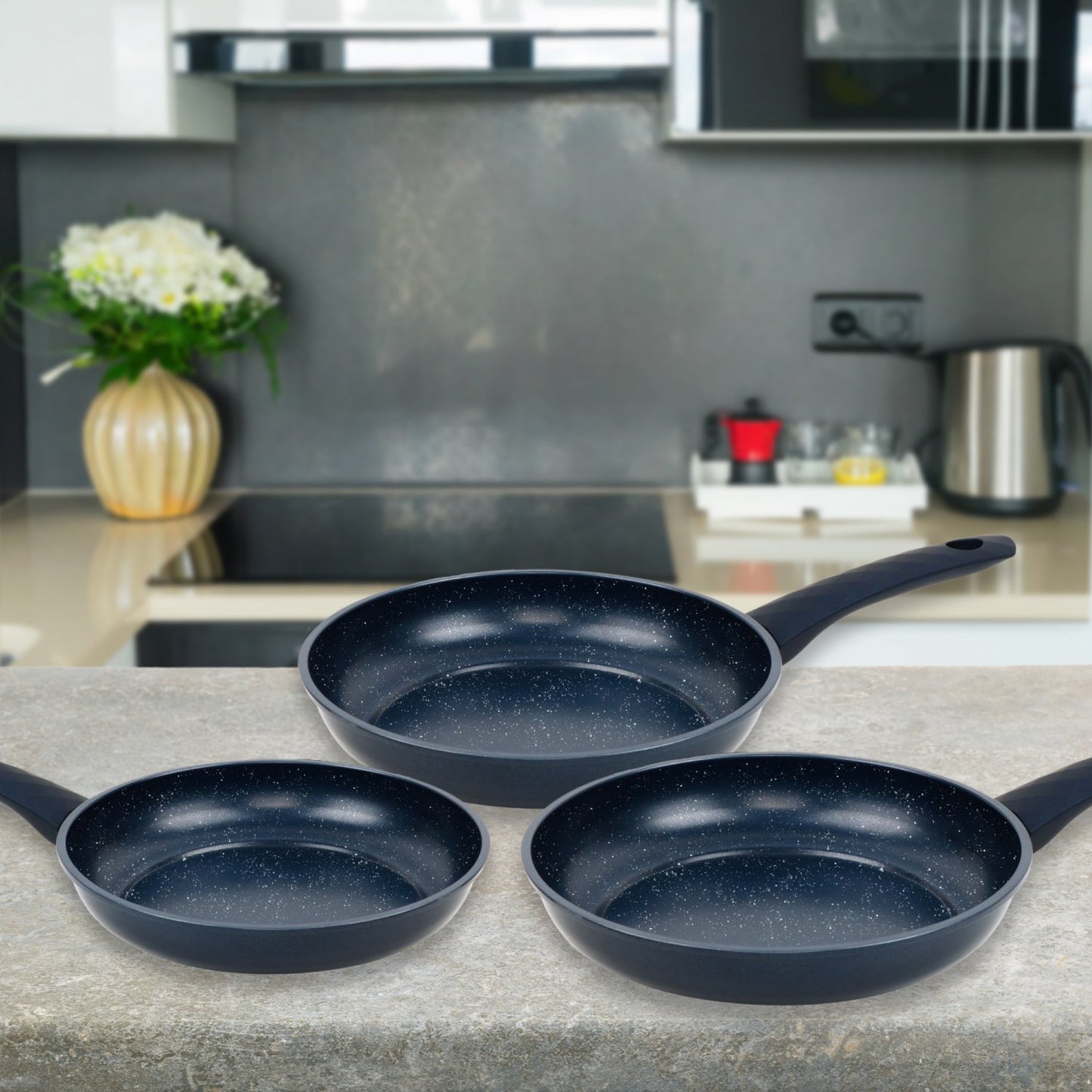 3-Piece Marble Coated Non-Stick Frying Pan Set, Blue