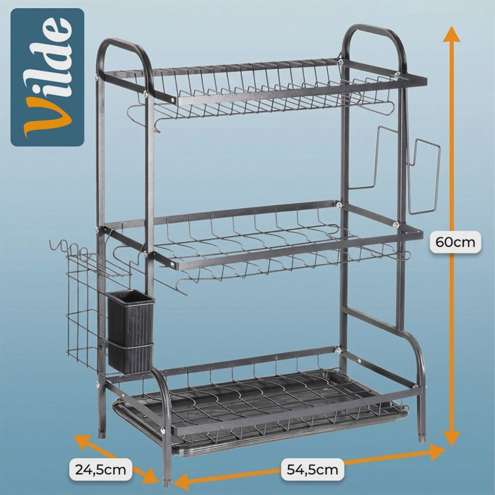 3-Tier Metal Dish Rack, Black, 54.5x24.5x60 cm