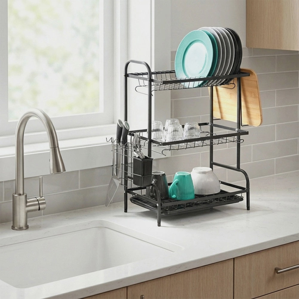 3-Tier Metal Dish Rack, Black, 54.5x24.5x60 cm