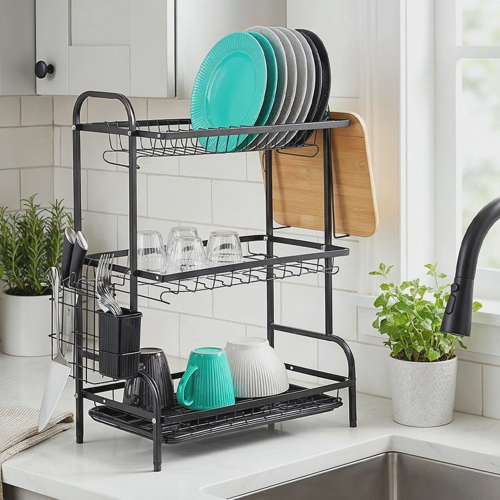 3-Tier Metal Dish Rack, Black, 54.5x24.5x60 cm