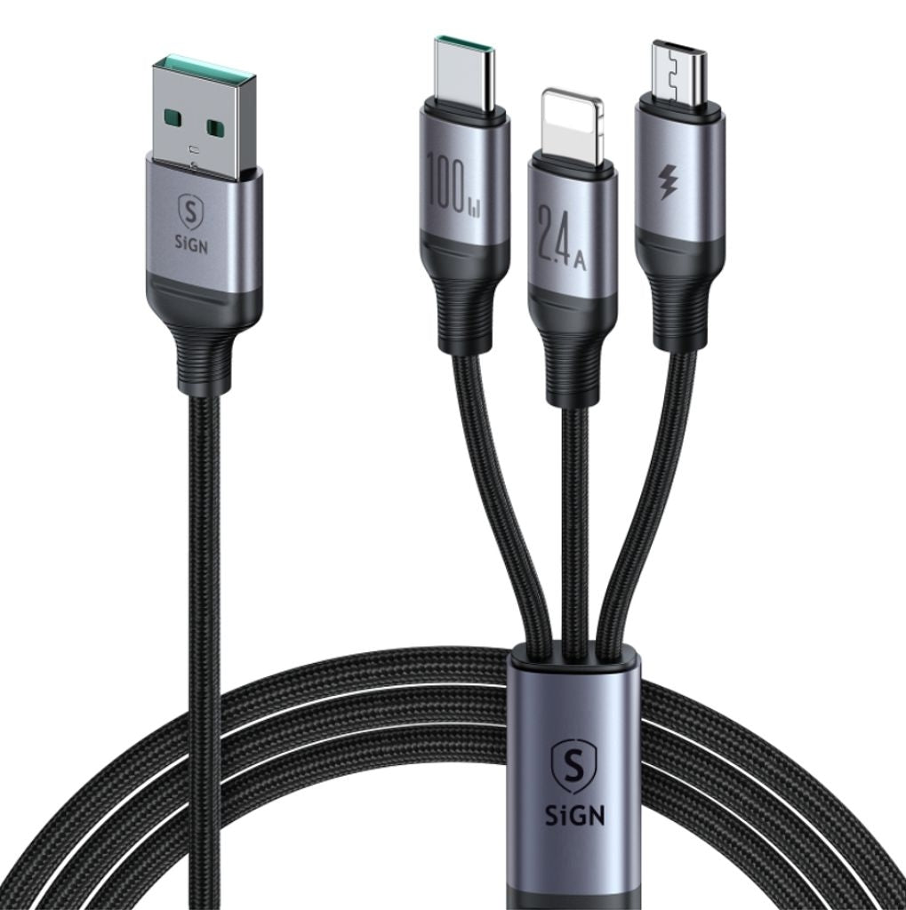 3-in-1 USB-A to Lightning, USB-C, Micro-USB, 100W, 1.2m - Black