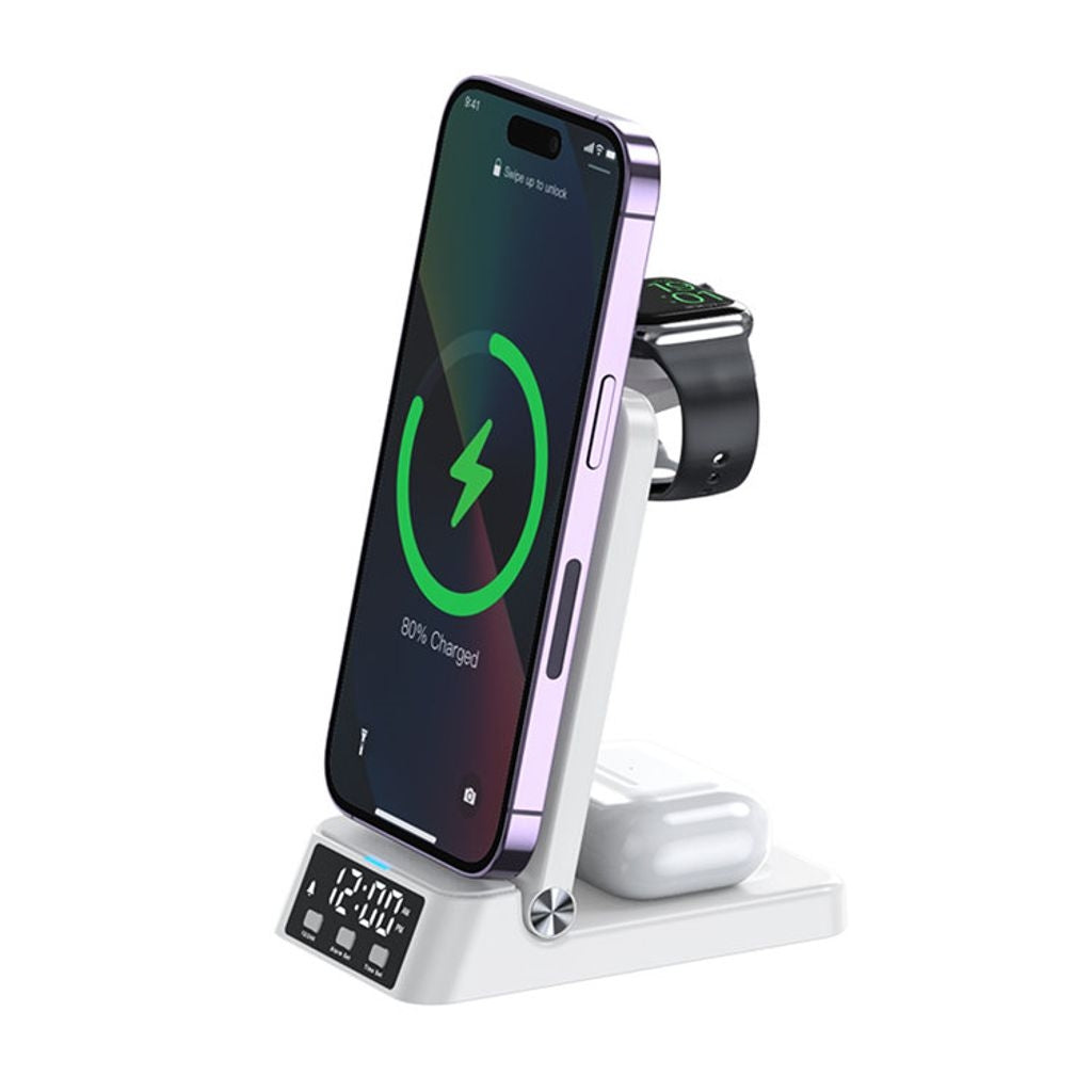 3-in-1 Wireless Charger with Alarm Clock, 15W - White