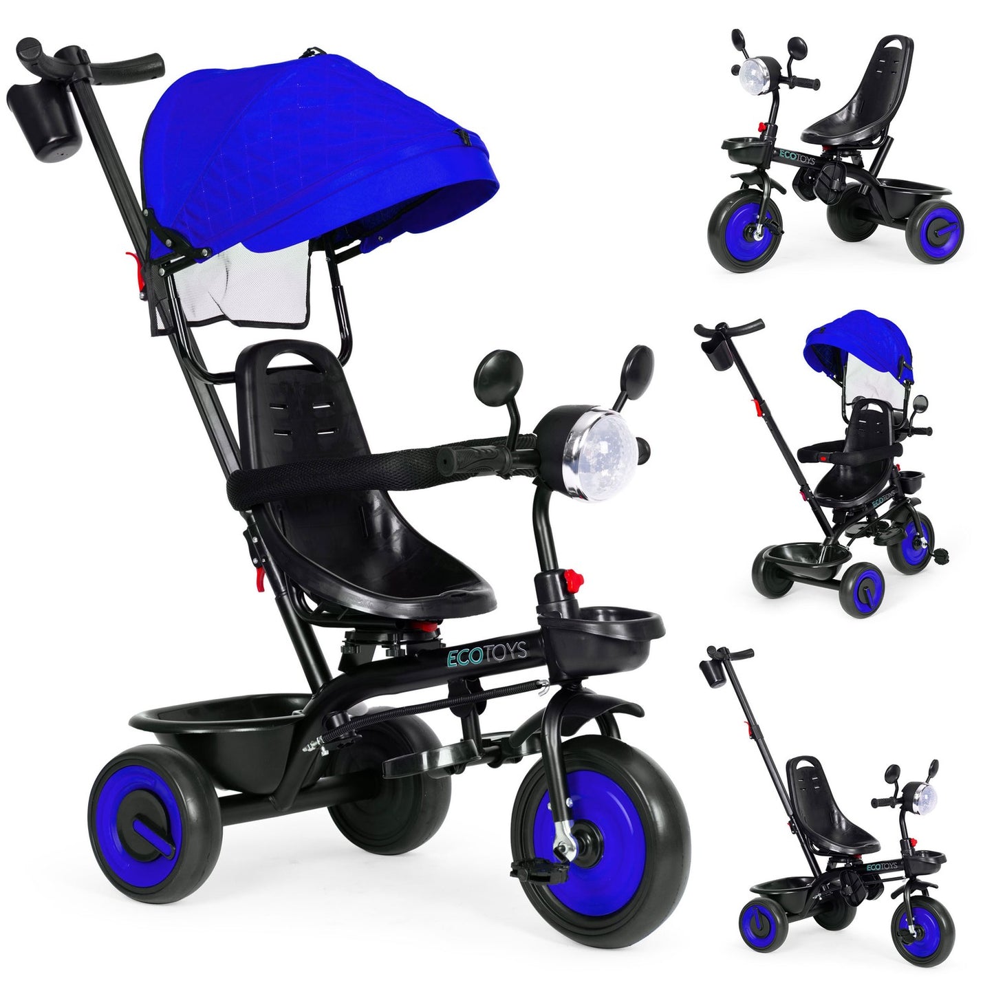 3-in-1 tricycle stroller for children with swivel seat, canopy, blue, ECOTOYS