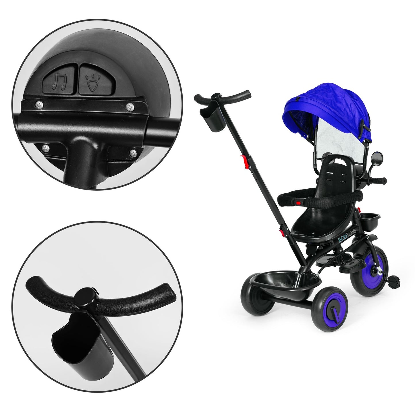 3-in-1 tricycle stroller for children with swivel seat, canopy, blue, ECOTOYS