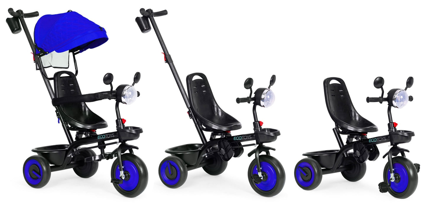 3-in-1 tricycle stroller for children with swivel seat, canopy, blue, ECOTOYS