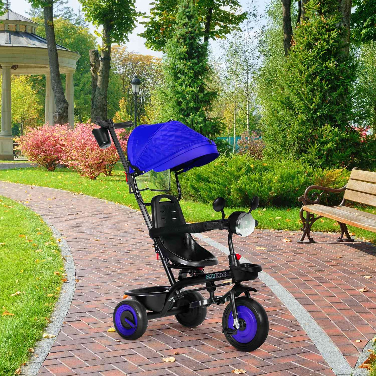 3-in-1 tricycle stroller for children with swivel seat, canopy, blue, ECOTOYS