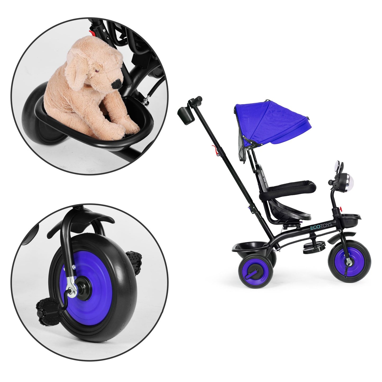 3-in-1 tricycle stroller for children with swivel seat, canopy, blue, ECOTOYS