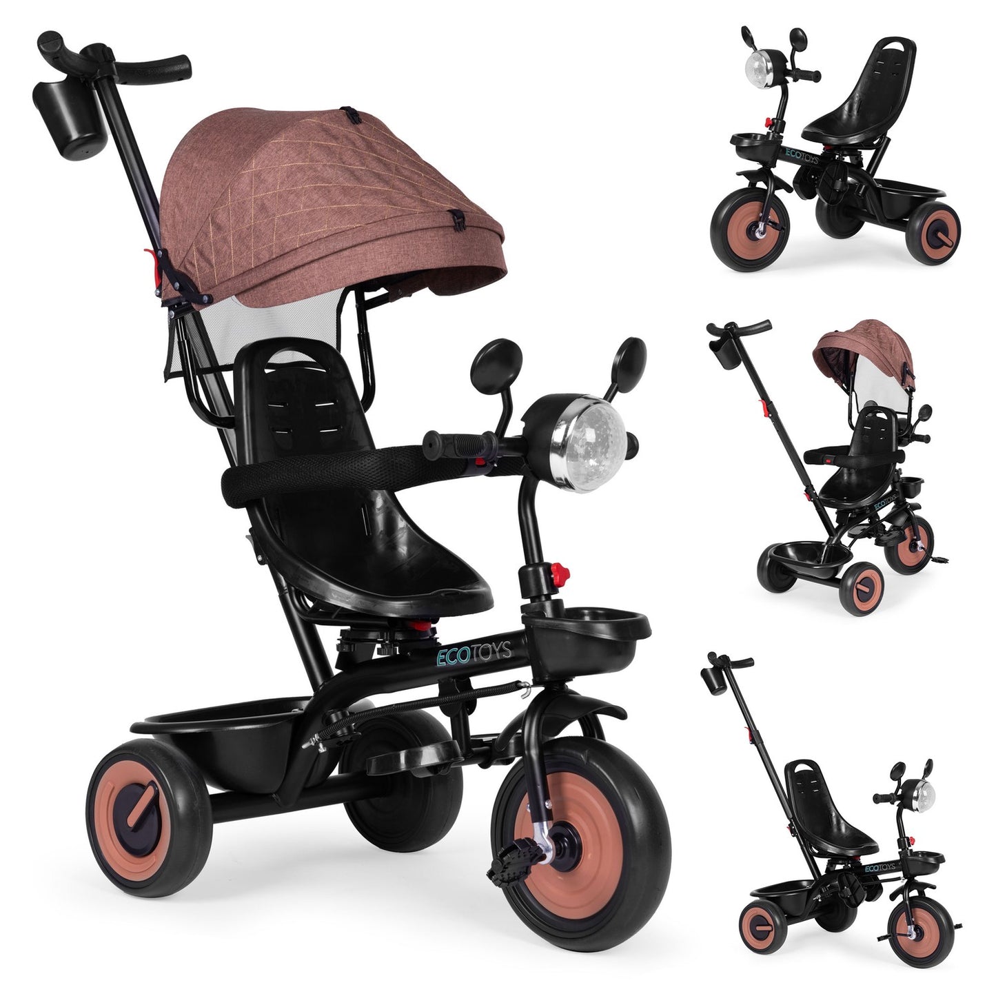 3-in-1 tricycle stroller for children with swivel seat, canopy, brown, ECOTOYS
