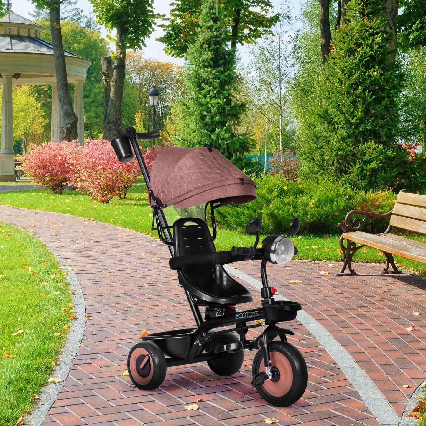 3-in-1 tricycle stroller for children with swivel seat, canopy, brown, ECOTOYS