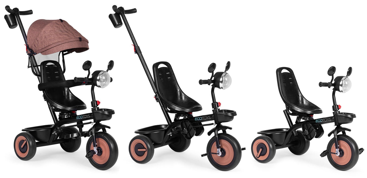 3-in-1 tricycle stroller for children with swivel seat, canopy, brown, ECOTOYS