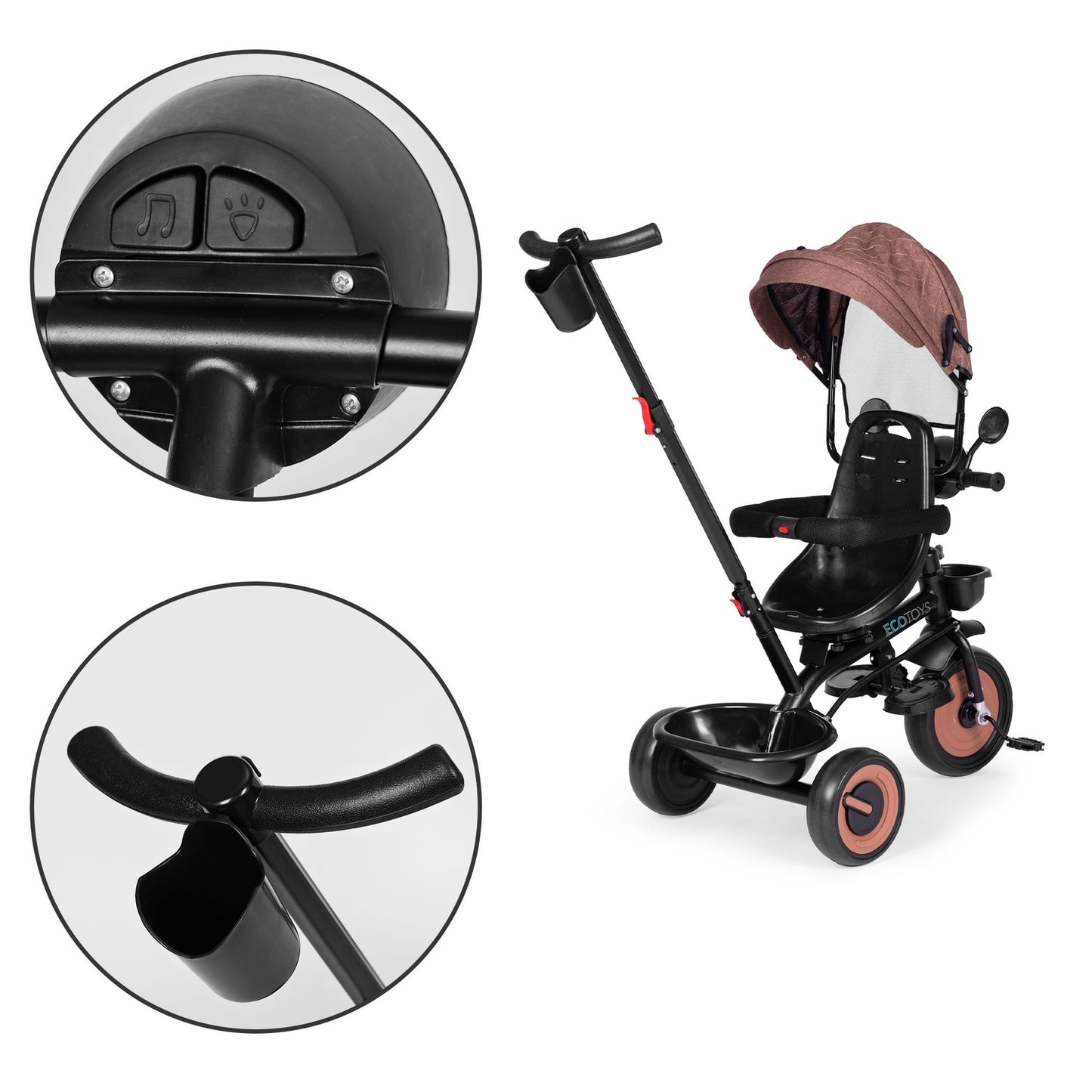 3-in-1 tricycle stroller for children with swivel seat, canopy, brown, ECOTOYS
