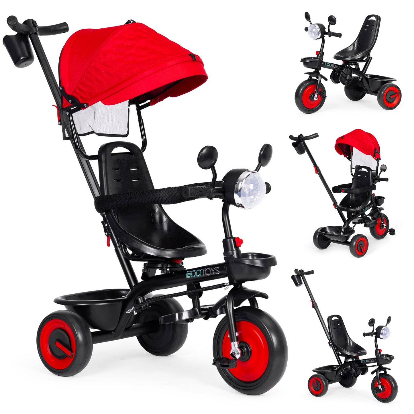 3-in-1 tricycle stroller for children with swivel seat, canopy, red, ECOTOYS
