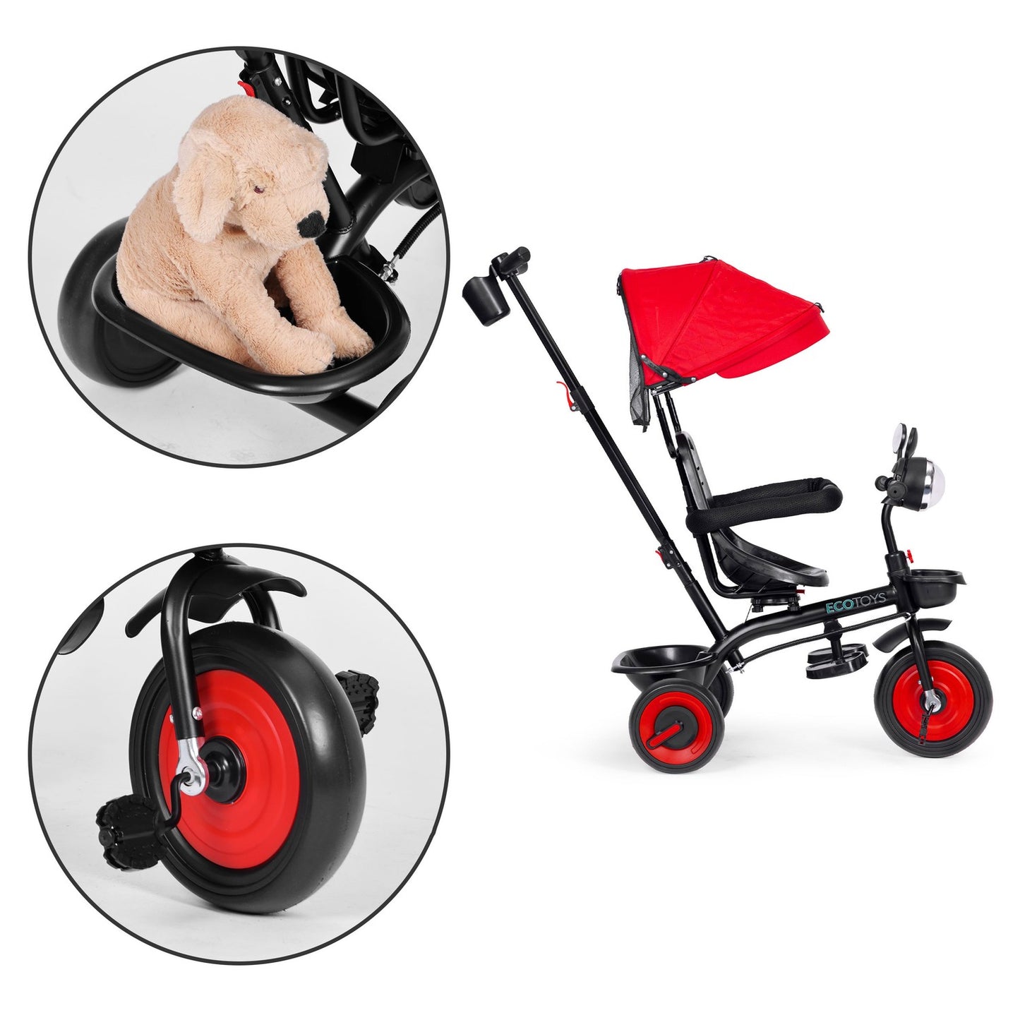 3-in-1 tricycle stroller for children with swivel seat, canopy, red, ECOTOYS