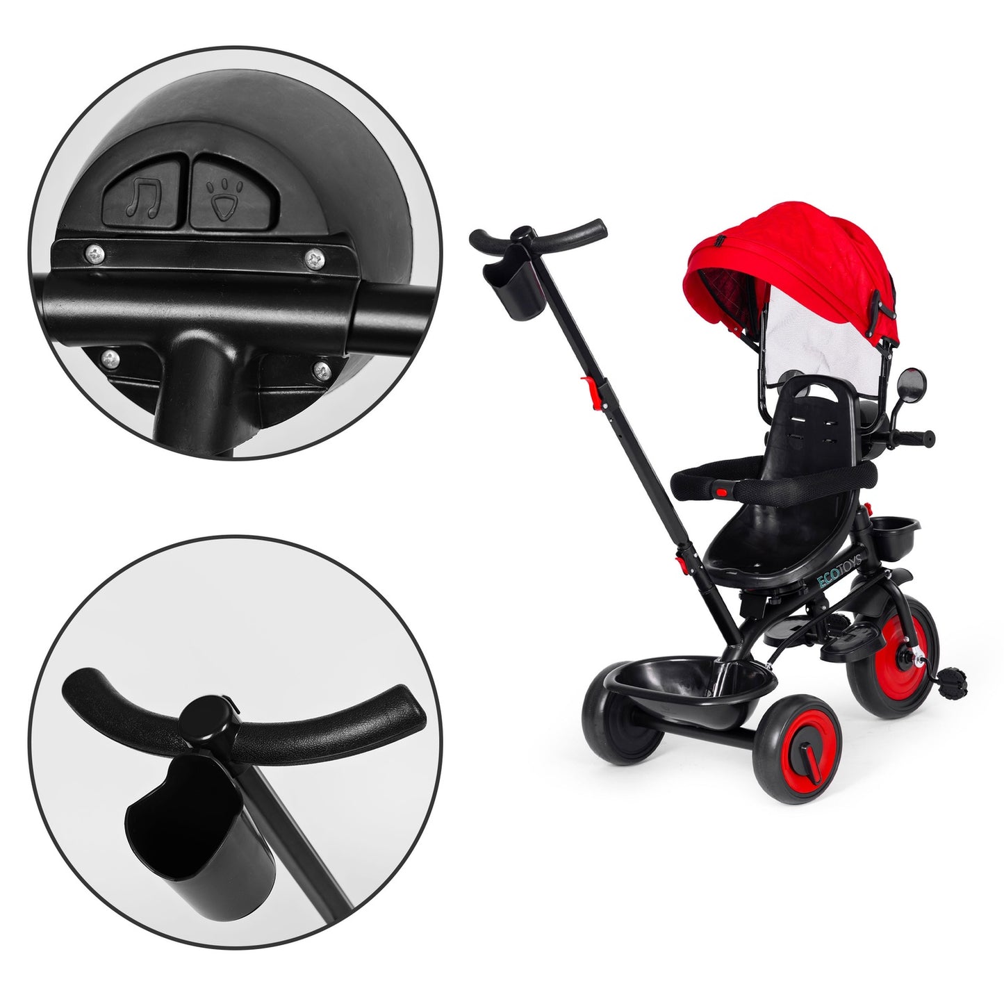 3-in-1 tricycle stroller for children with swivel seat, canopy, red, ECOTOYS