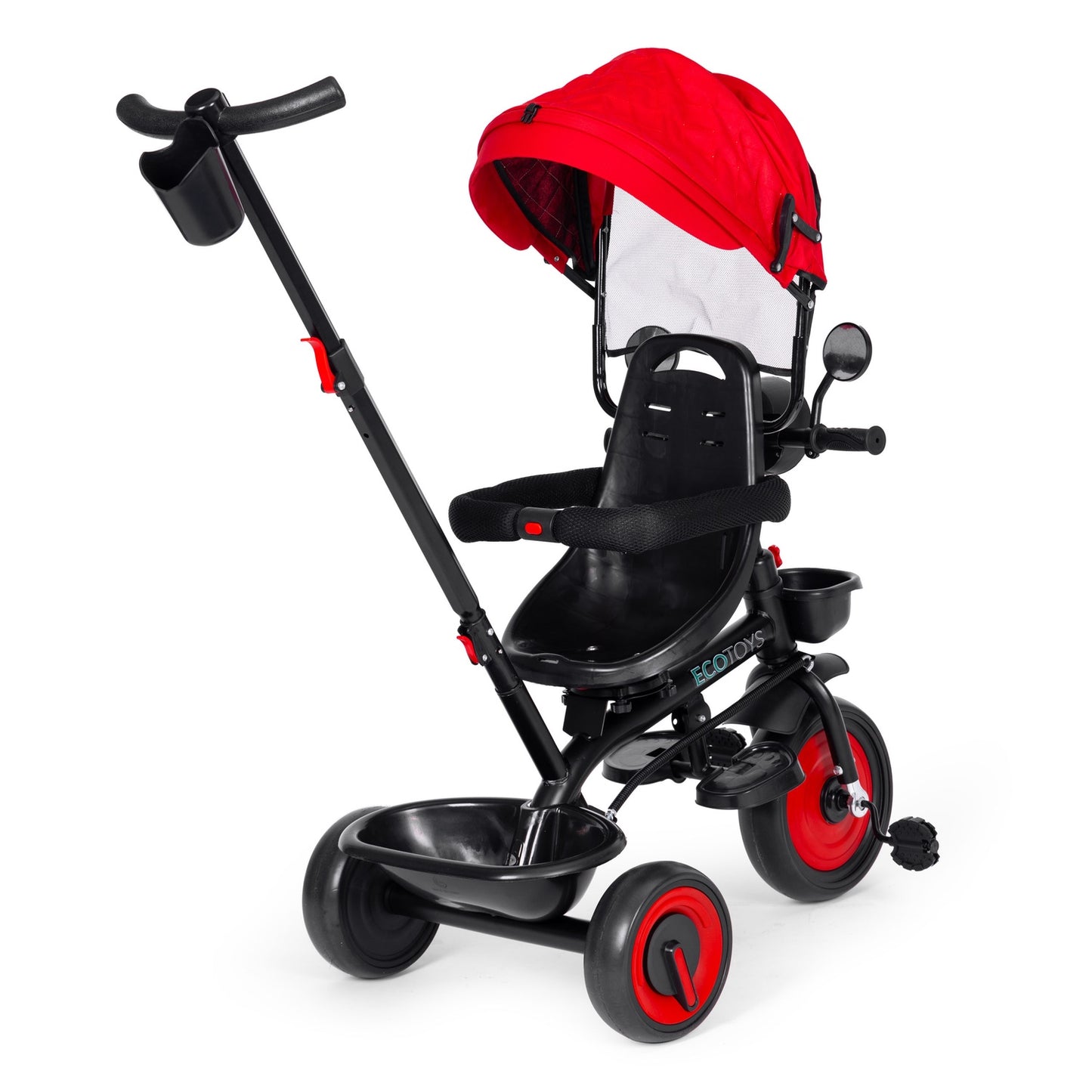 3-in-1 tricycle stroller for children with swivel seat, canopy, red, ECOTOYS