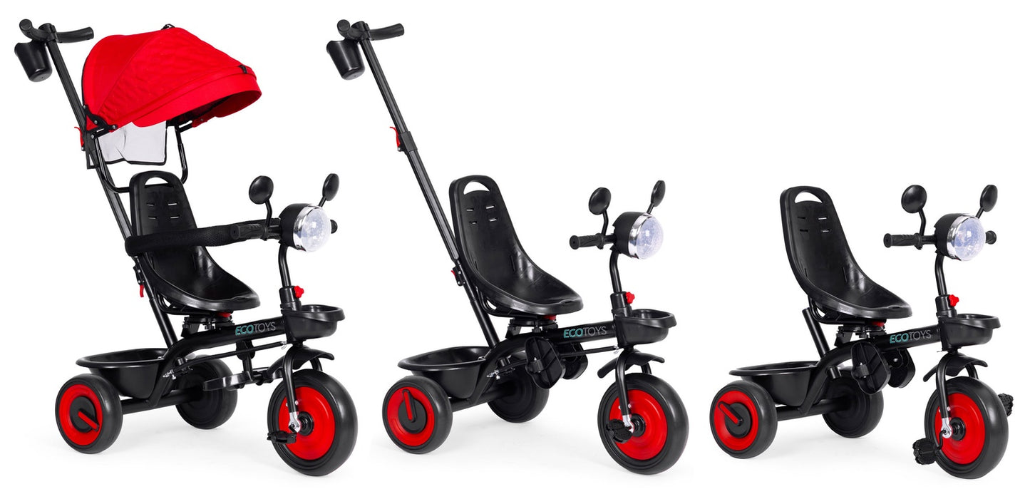 3-in-1 tricycle stroller for children with swivel seat, canopy, red, ECOTOYS
