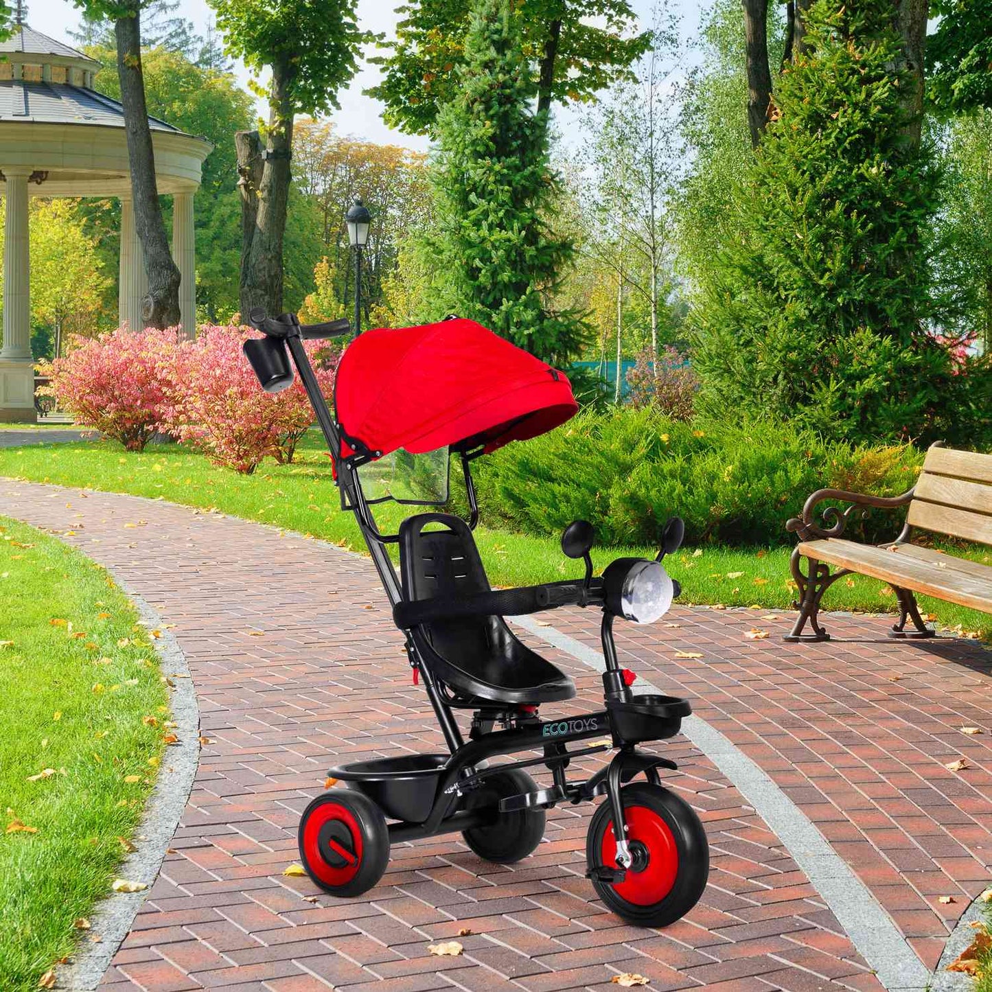 3-in-1 tricycle stroller for children with swivel seat, canopy, red, ECOTOYS