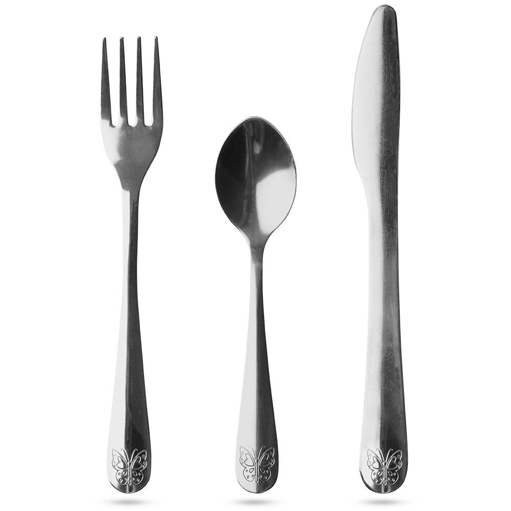 3-piece children's cutlery with butterfly decoration in stainless steel