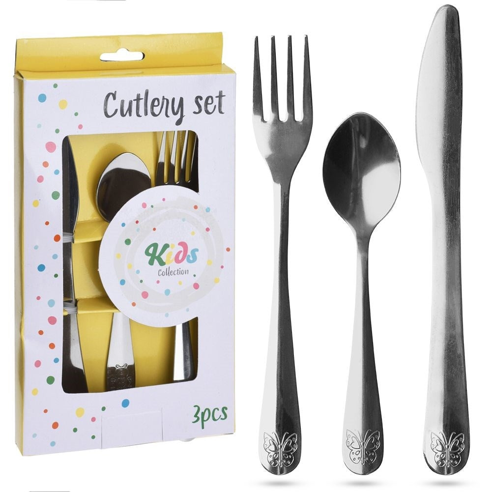 3-piece children's cutlery with butterfly decoration in stainless steel