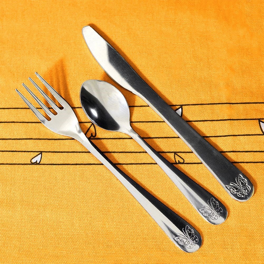 3-piece children's cutlery with butterfly decoration in stainless steel