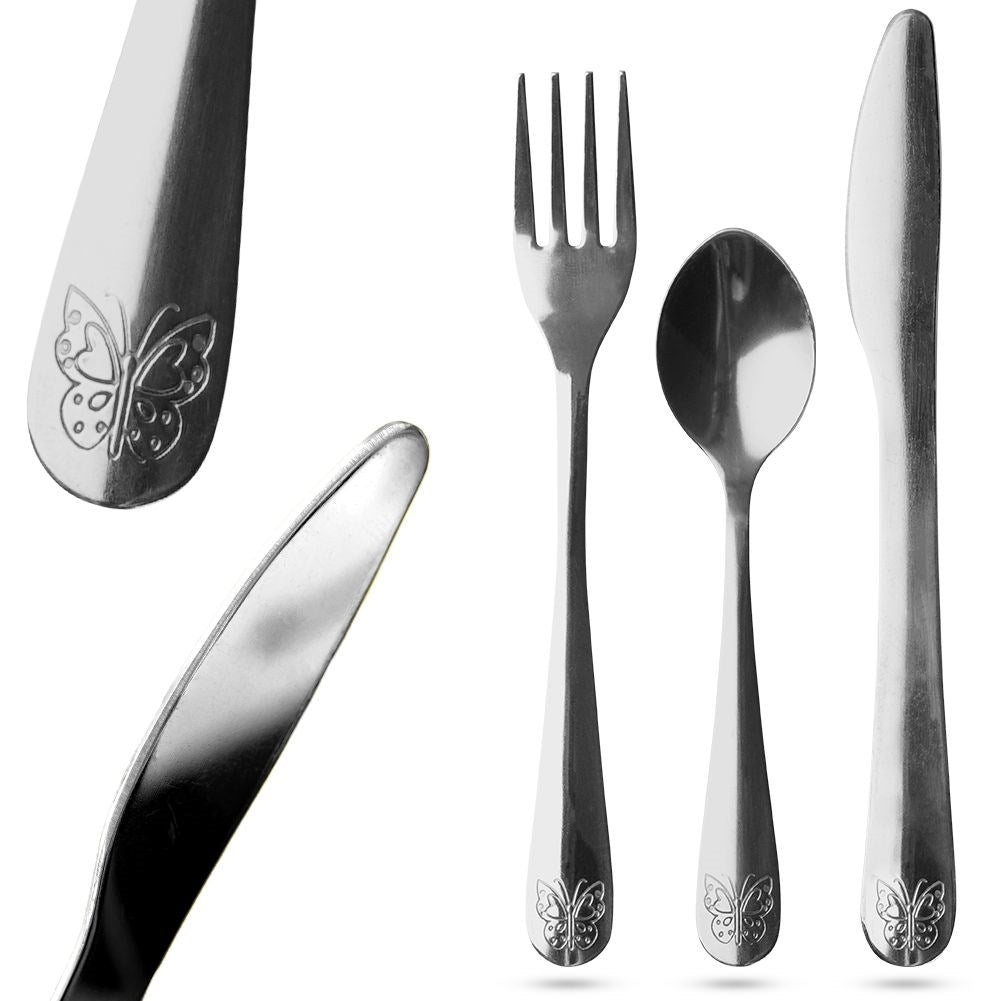 3-piece children's cutlery with butterfly decoration in stainless steel