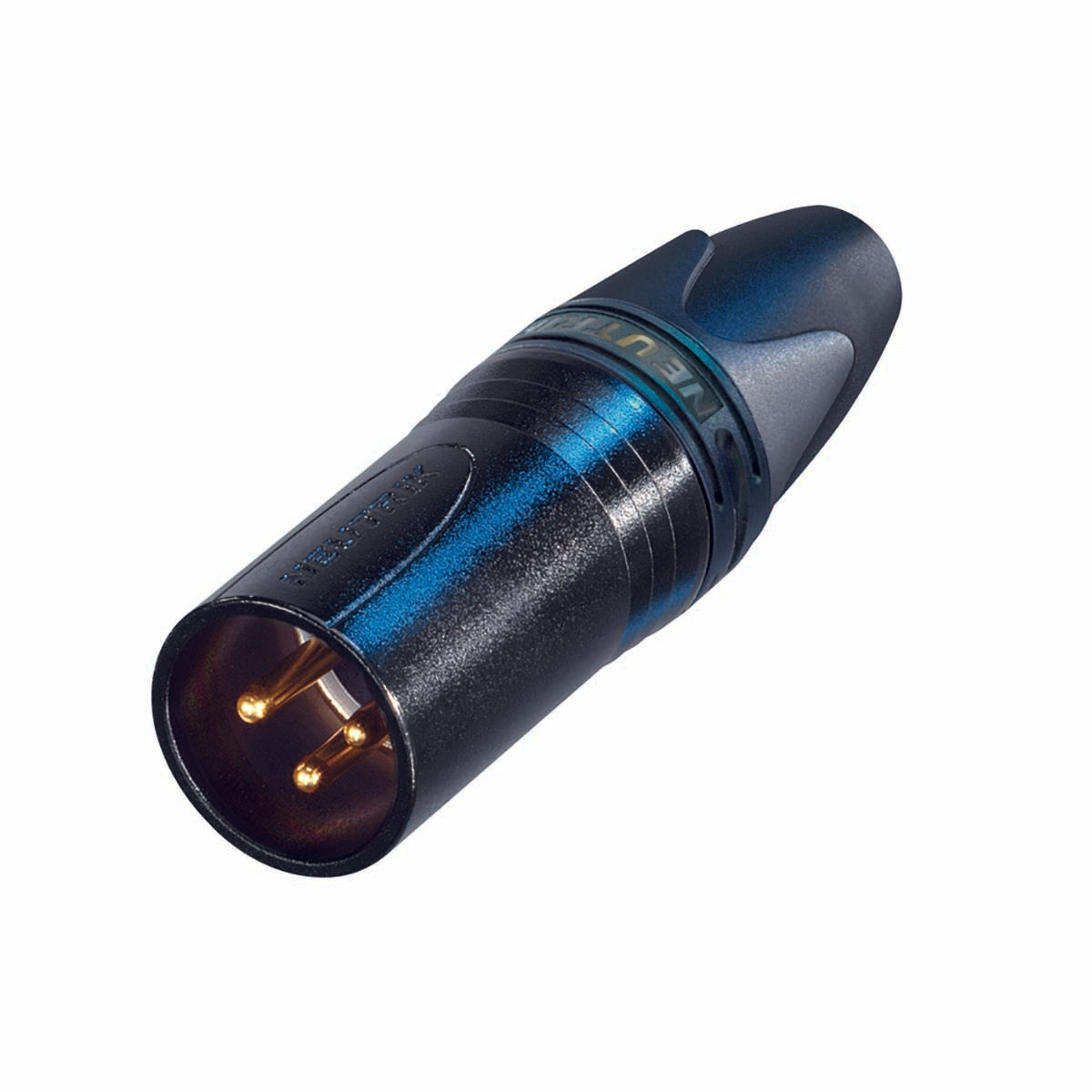 3 pole male cable connector with black metal housing and gold contacts