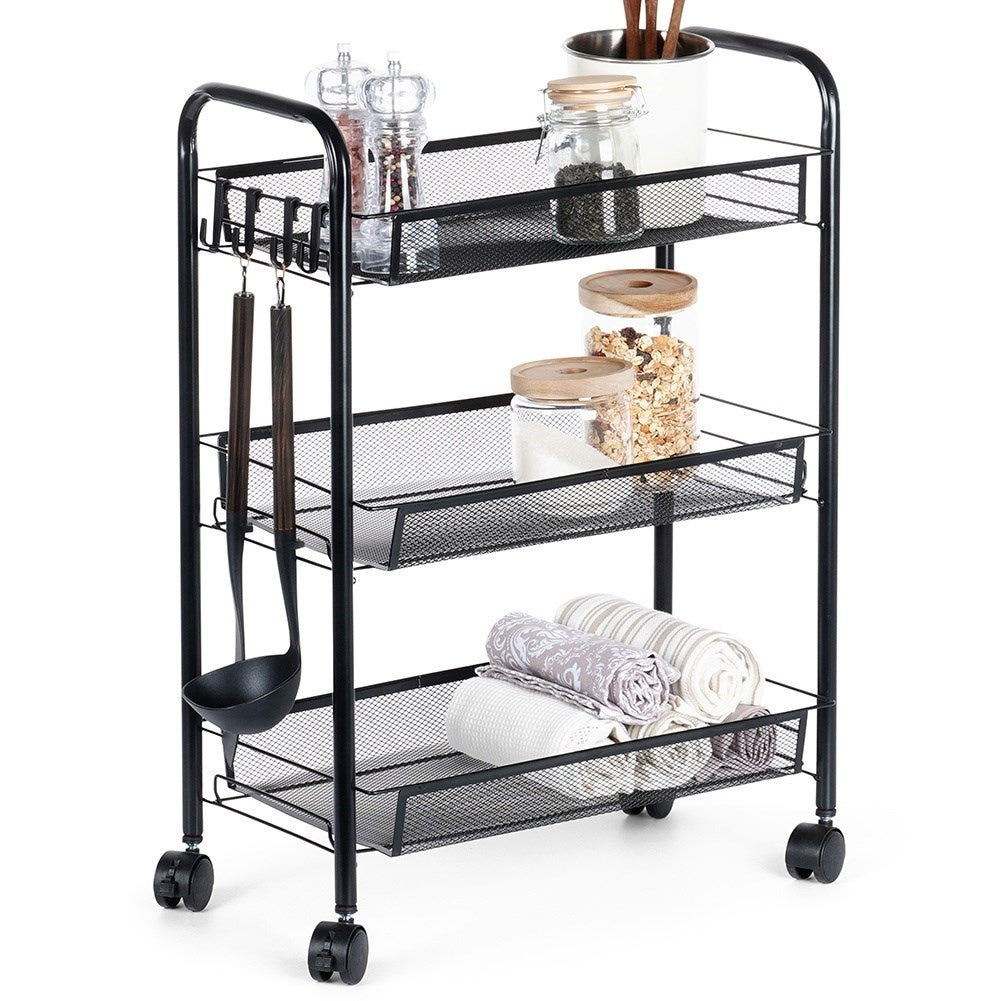 3-tier black metal trolley on wheels for home & office