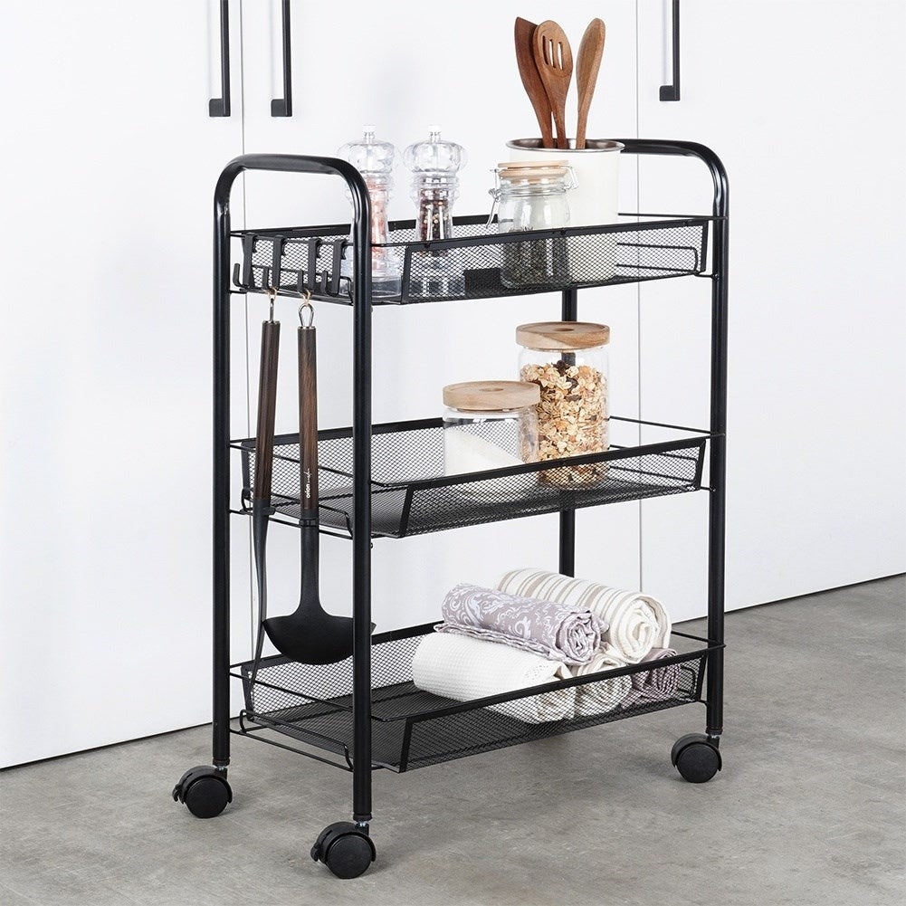3-tier black metal trolley on wheels for home & office