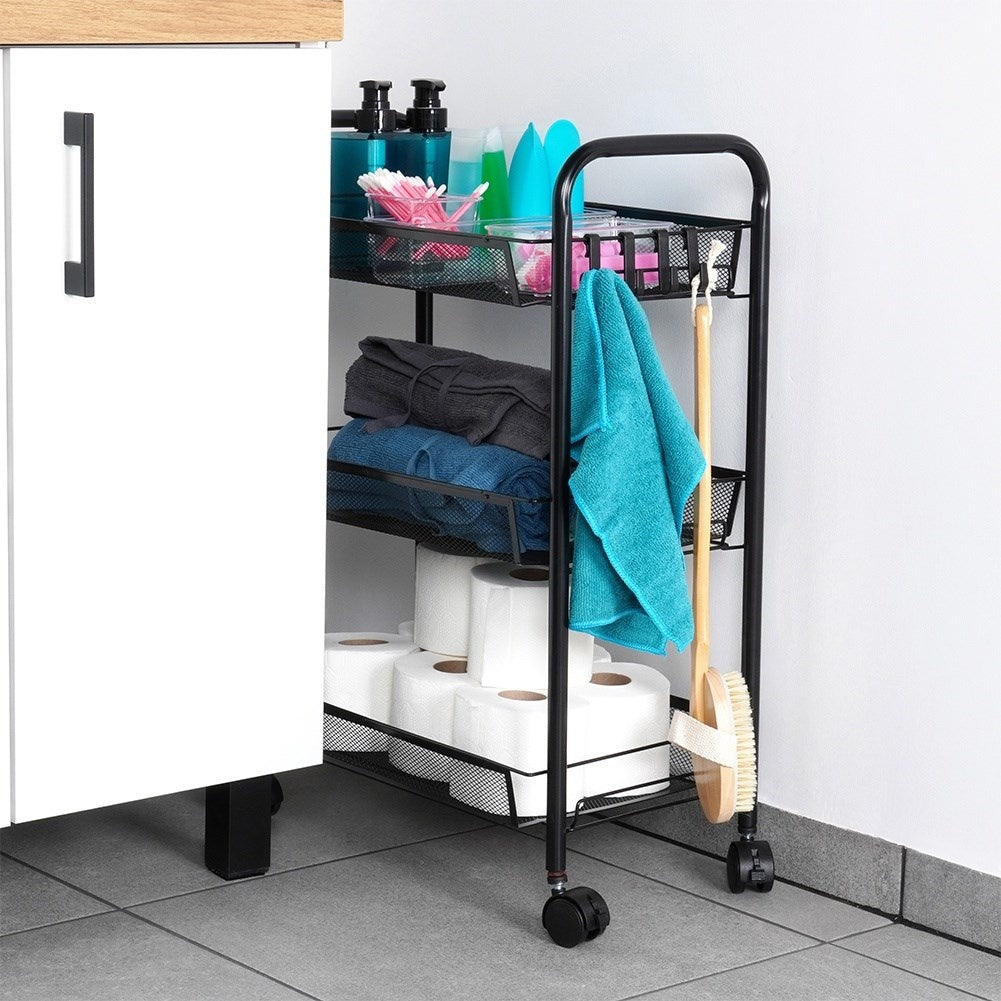 3-tier black metal trolley on wheels for home & office